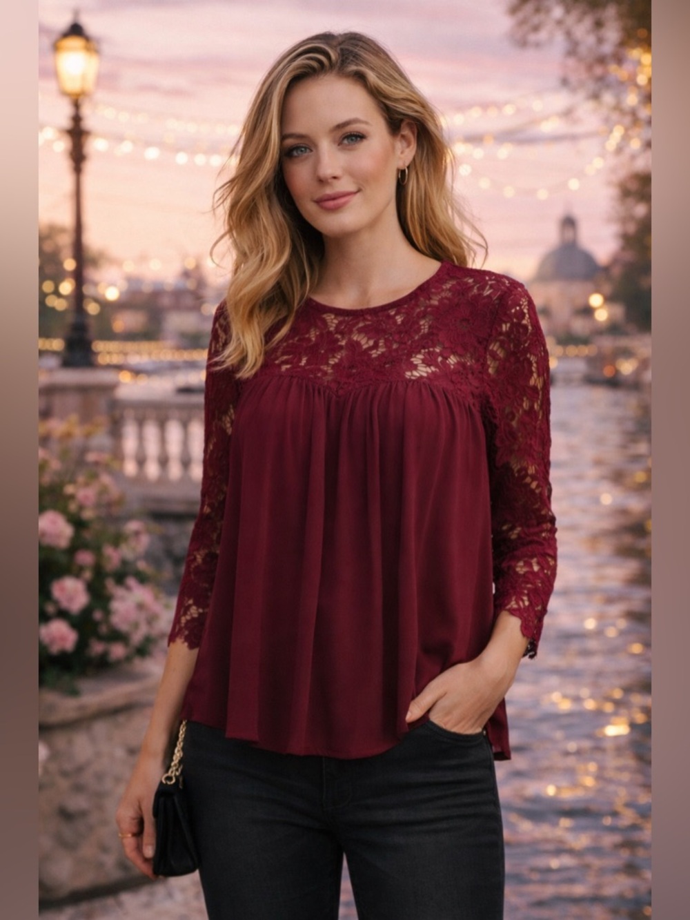 NWT Lovers + Friends Burgundy Lace Long Sleeve Blouse Sz XS Romantic Party Top